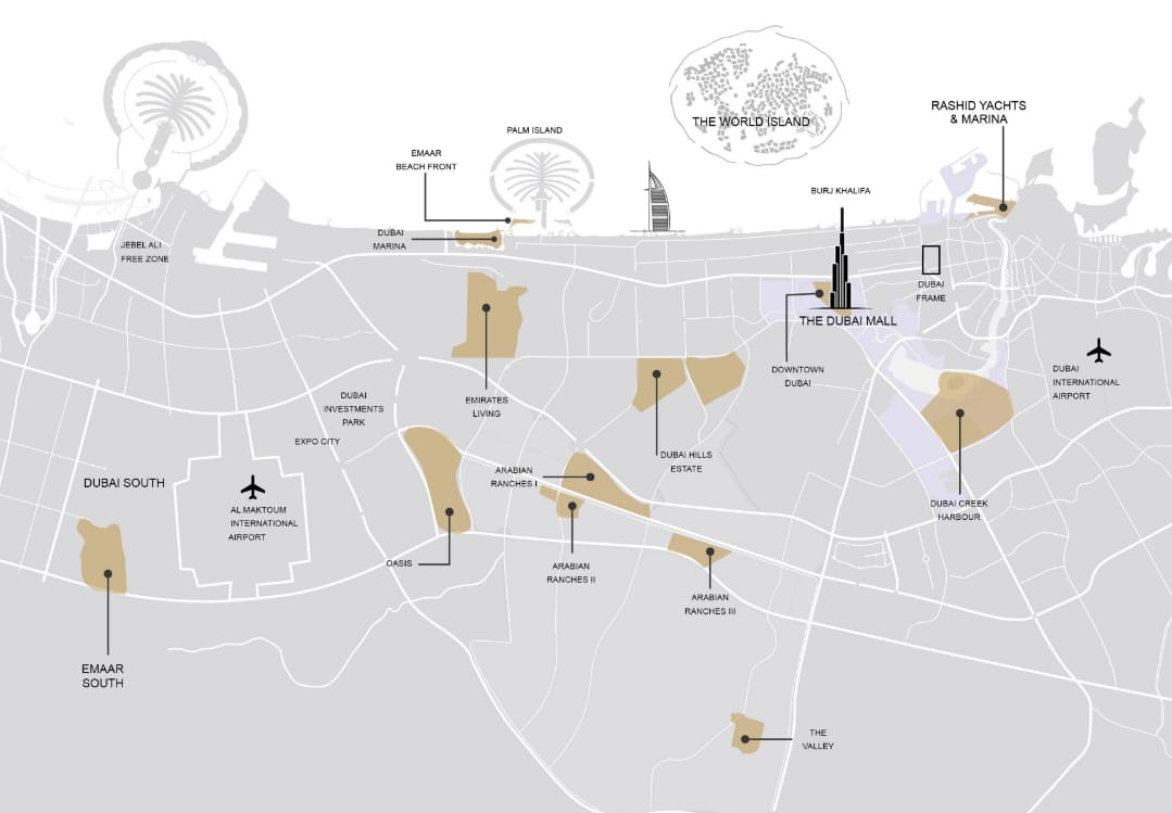 Map showing locations of Emaar projects
